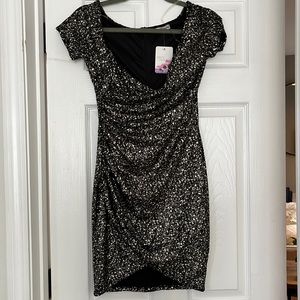 Dainty Hooligan Black Sparkle Mini Dress Short Sleeve Crepe Metallic NWT Small